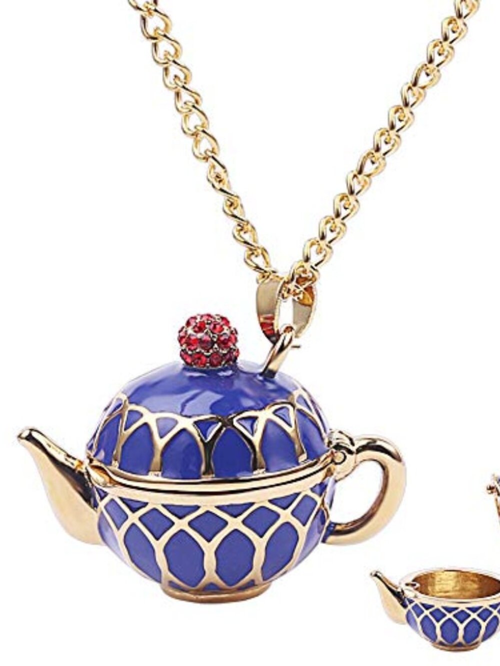 New - Dainty Funny Stacked Enamel‎ Teacup Necklace, 3D Interlock Teapot Coffee